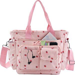 Strawberry Tote Bag Bow Bag With Multi Pocket Women Girls Crossbody Corduroy Han